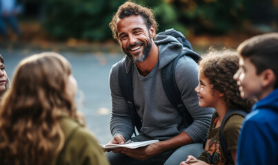 Guiding Light: Teacher Shares Pep Talk with Eager Students Outside