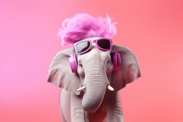 Glamorous portrait of an elephant with pink glasses and wearing pink headphones with pink hairstyle on pink background.