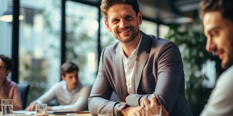 Corporate leader: Businessman with his team engaged in a boardroom discussion.