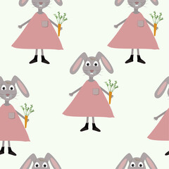 seamless pattern with a rabbit-girl in a coral dress with a carrot. vector graphics for fabric, invitation or book in cartoon style