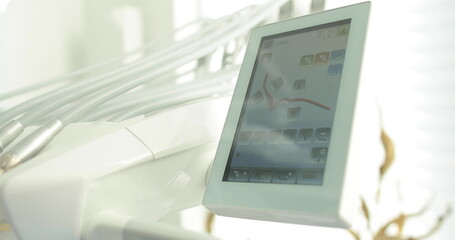 Tools and equipment for dental treatment in a dental clinic. Close-up of the dentist's workplace.