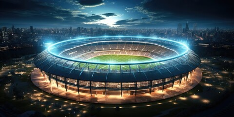 Huge Stadium of cricket, football. cinematic upper shot, 8k, HDR - obrazy, fototapety, plakaty