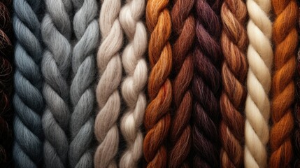 Autumn fall knitted wool fabric many colors, multicolor texture background. Merino wool brown earthy tones handmade knitted background