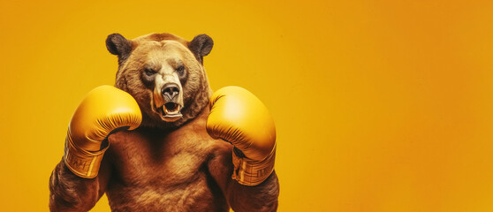 bear boxer over orange background, panoramic layout. Generative Ai - obrazy, fototapety, plakaty