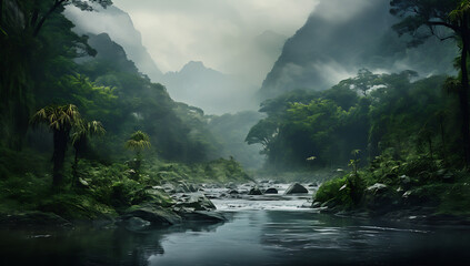 Landscape of a river flowing through a green forest in the mountains