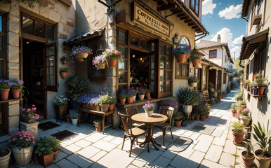 Restaurant exterior, Courtyard cafe, outdoor dining area. - obrazy, fototapety, plakaty