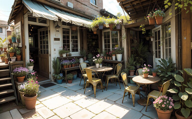 Restaurant exterior, Courtyard cafe, outdoor dining area.