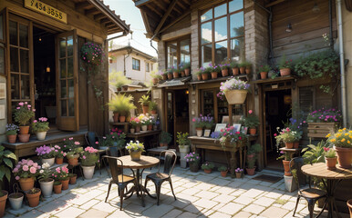 Fototapeta na wymiar Restaurant exterior, Courtyard cafe, outdoor dining area.