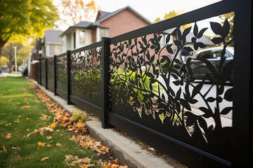 Decorative iron fence with pattern of foliage on autumn day, appearance, perspective view