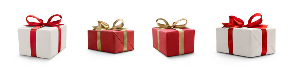 A collection of red and white gift wrapped presents with a red and gold ribbon bows isolated against a transparent background. - obrazy, fototapety, plakaty