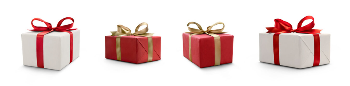 A collection of red and white gift wrapped presents with a red and gold ribbon bows isolated against a transparent background.