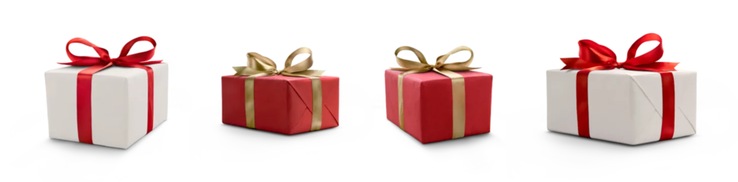 A collection of red and white gift wrapped presents with a red and gold ribbon bows isolated against a transparent background.