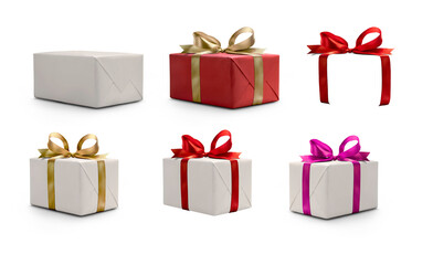 A collection of white gift wrapped presents of different sizes with a red , gold and pink ribbon bows isolated against a transparent background.