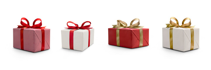 A collection of red and white gift wrapped presents with a red and gold ribbon bows isolated...