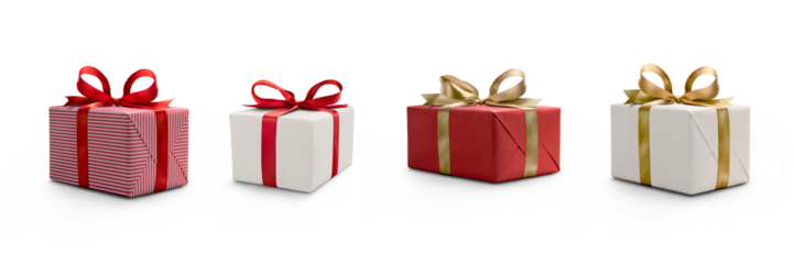 A collection of red and white gift wrapped presents with a red and gold ribbon bows isolated against a transparent background.