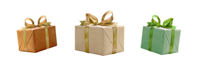 A collection of traditional stripped gold, orange and green gift wrapped presents with a gold and green ribbon bows isolated against a transparent background.