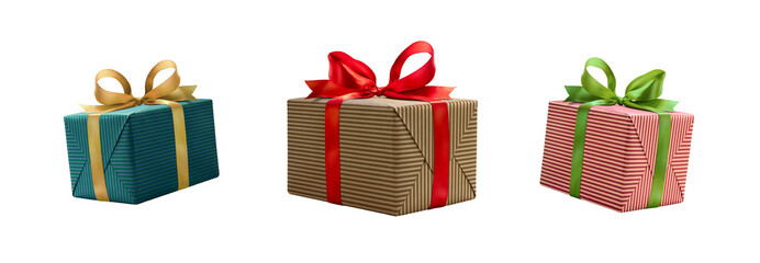 A collection of stripped brown, red and green gift wrapped presents with a red , gold and silver...