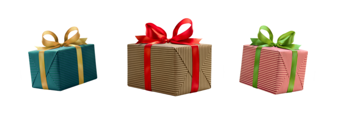 A collection of stripped brown, red and green gift wrapped presents with a red , gold and silver ribbon bows isolated against a transparent background.