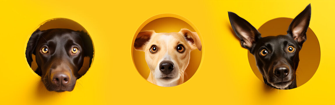 chiens qui nous regarde en passant la t&ecirc;te dans un trou - fond jaune