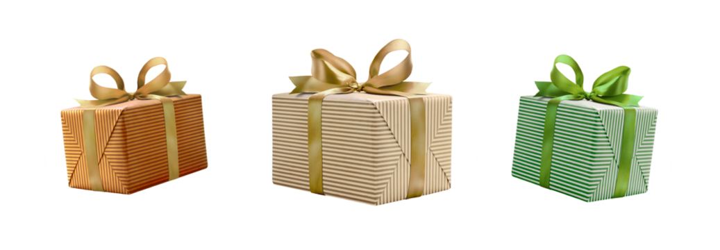 A collection of traditional stripped gold, orange and green gift wrapped presents with a gold and green ribbon bows isolated against a transparent background.