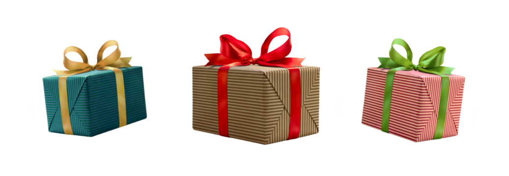 A collection of stripped brown, red and green gift wrapped presents with a red , gold and silver ribbon bows isolated against a transparent background.