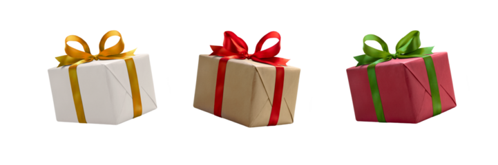 A collection of white, red and brown gift wrapped presents with a red , gold and green ribbon bows isolated against a transparent background.
