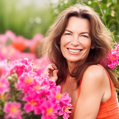 Naklejka premium Happy older woman in a garden with pink flowers
