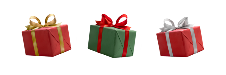 A collection of red and green gift wrapped presents with a red , gold and silver ribbon bows isolated against a transparent background.