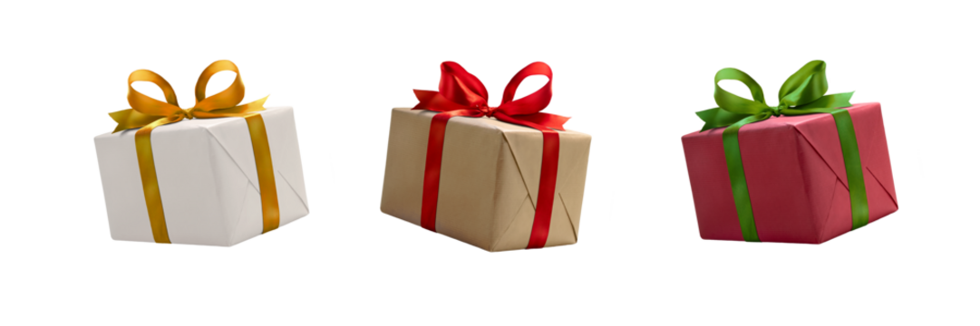 A collection of white, red and brown gift wrapped presents with a red , gold and green ribbon bows isolated against a transparent background.