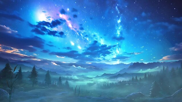 Beautiful nature night Sky Background video with falling stars sky. Cartoon or anime illustration style