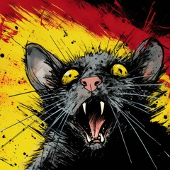 A black cat with red and yellow stripes and wide open mouth.