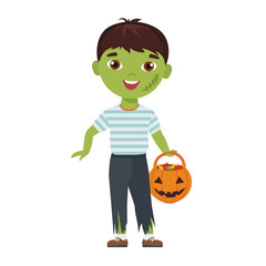 Zombie kid halloween. Horror october holiday, children party costumation vector cartoon illustration