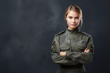 Confident Servicewoman in Camouflage, with copy space