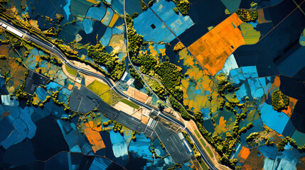 Fototapeta premium Satellite imagery captures vast farmlands, painting an agricultural tapestry from above.