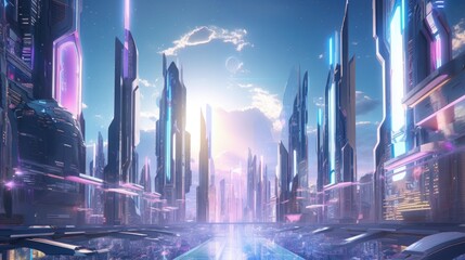 Futuristic City Crafted from Gemstones - Futuristic Metropolis Carved from Sparkling Gemstones - Where Crystal Brilliance Shapes Skyline of an Advanced Tomorrow created with Generative AI Technology - obrazy, fototapety, plakaty