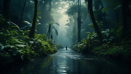Tropical rainforest with a man walking on a stream