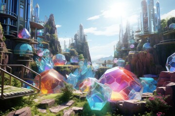 Futuristic City Crafted from Gemstones - Futuristic Metropolis Carved from Sparkling Gemstones - Where Crystal Brilliance Shapes Skyline of an Advanced Tomorrow created with Generative AI Technology - obrazy, fototapety, plakaty