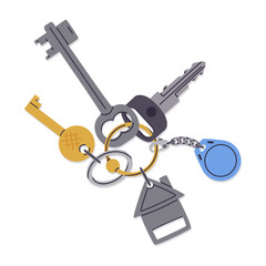 Bunch of door keys. Modern keys with trinket, keychain and plastic tag, real estate property locking keys flat vector illustration. House privacy elements