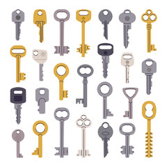 Door keys. Modern and vintage key, house or apartment entrance, car or mail box keys flat vector illustration set. Hand drawn keys collection