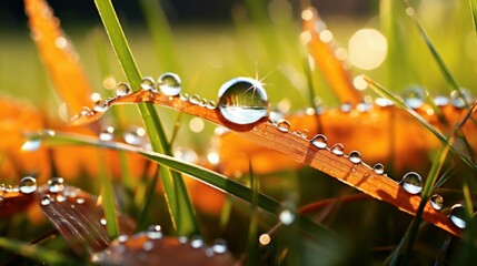 Fallen autumn leaves with dew in grass web banner. Autumn leaves with water drops closeup nature background. Golden autumn leaf in the grass in the sun