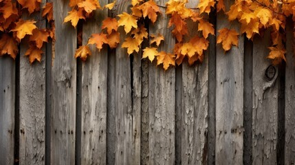 Naklejka na ściany i meble Autumn fall wooden fence and maple orange leaves background . Bright fallen autumn leaves on a wooden background, copy space