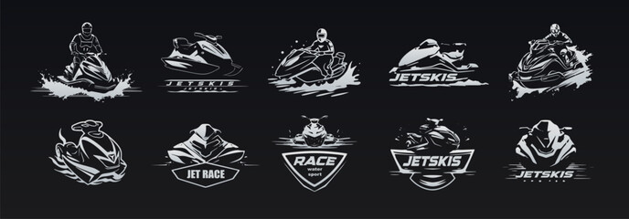 Jetski icons set. Energetic retro black and white silhouette icons for a modern, sporty label. Transport, speed, and adrenaline in every vector emblem. Vector illustration.
