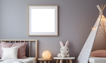 mockup cadre photo avec contour bois accroché à un mur de chambre de bébé