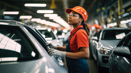 Afro American woman working on car assembly line in factory