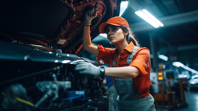 Woman mechanic checking car engine  in shop