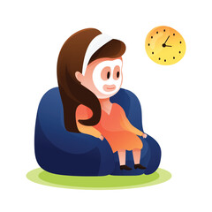 Cute woman sits in a chair wearing a sheet mask and waits for time to pass. The clock on the wall shows the time. Cartoon style character of a girl who watches her beauty. Skin care concept. 