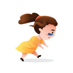 Cute woman in cartoon style with eye patches running somewhere. Female character with masks under eyes hurrying, isolated on white background