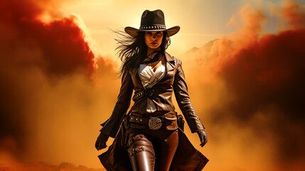 Female bounty hunter wild west desert scene. Generative AI - obrazy, fototapety, plakaty