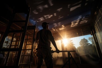 Fototapeta premium workers in safety vests operating. Wooden plank on a sawmill conveyor belt. Generative AI