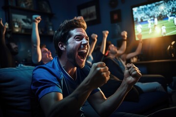 Sport fans party cheer and celebrating a winning tournament and watching TV at home. Generative AI